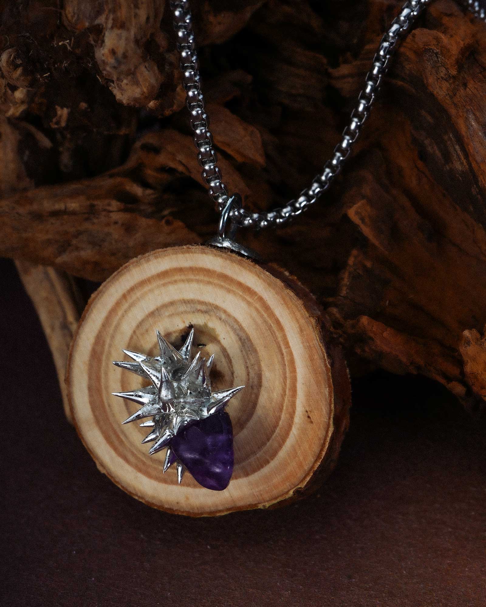 Thornroot Bloom, Statement Soldered Wood Amethyst Necklace