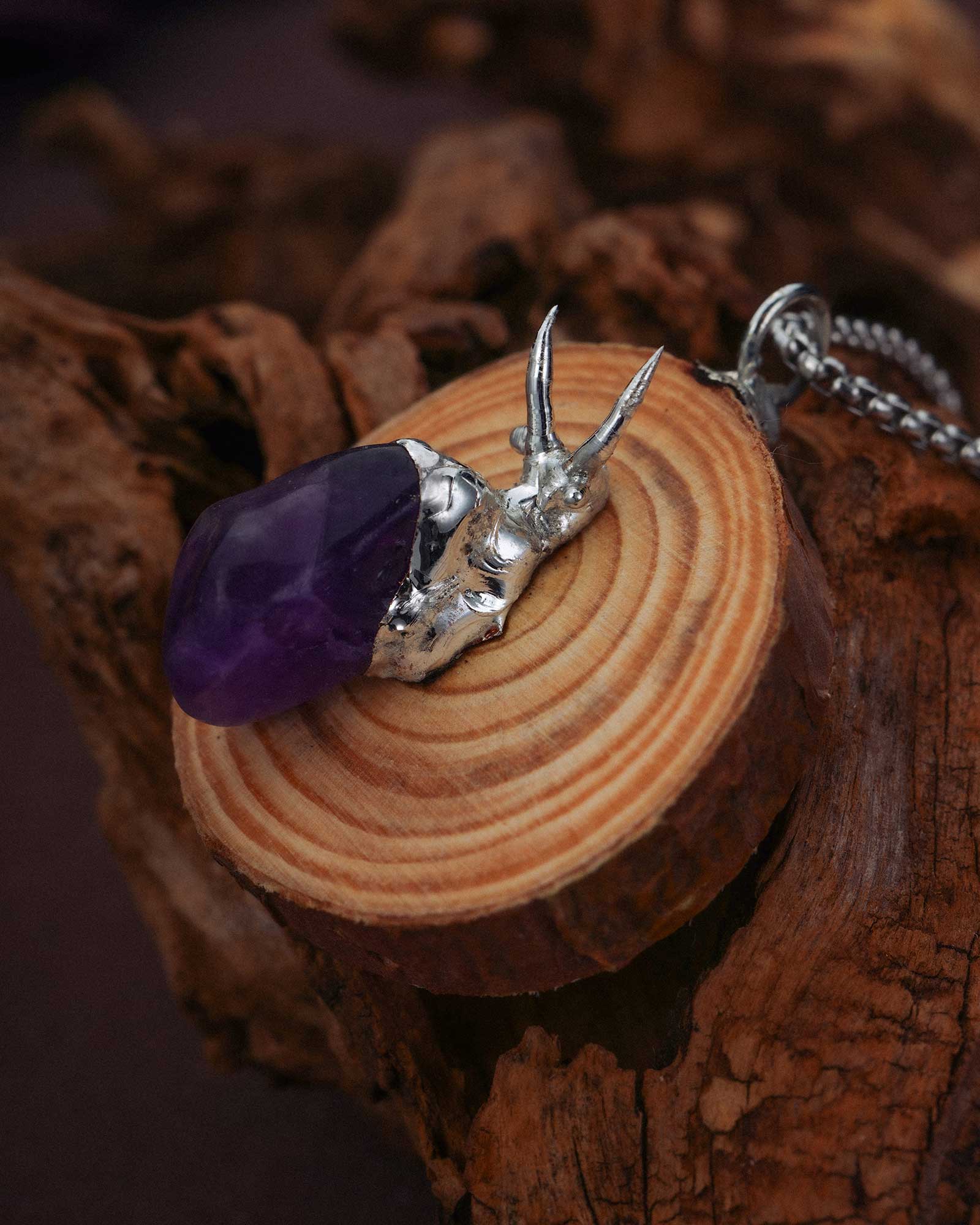Shellie Lavender, Whimsical Soldered Wood Amethyst Necklace