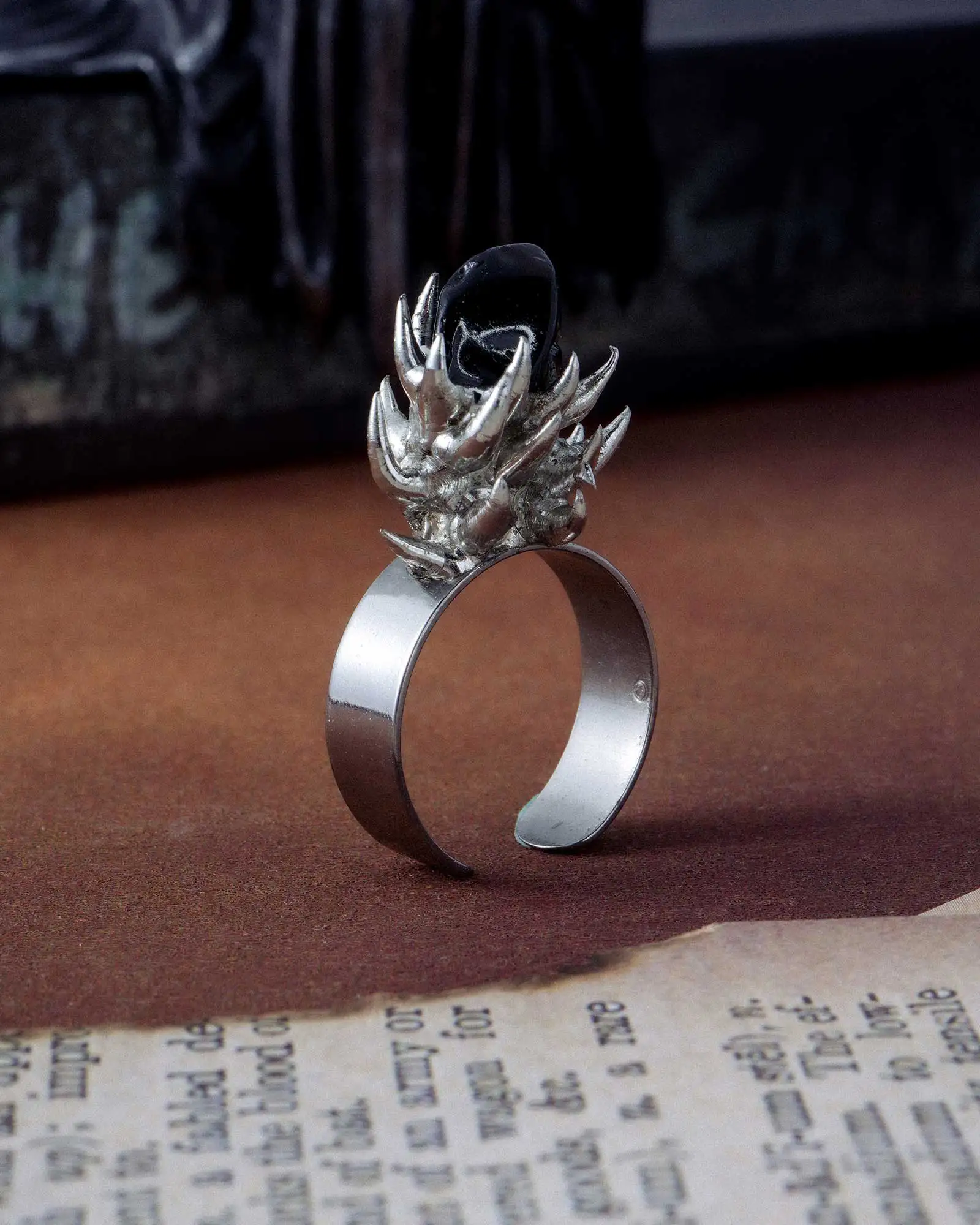Shadowthorn, Dark Spiked Obsidian Ring