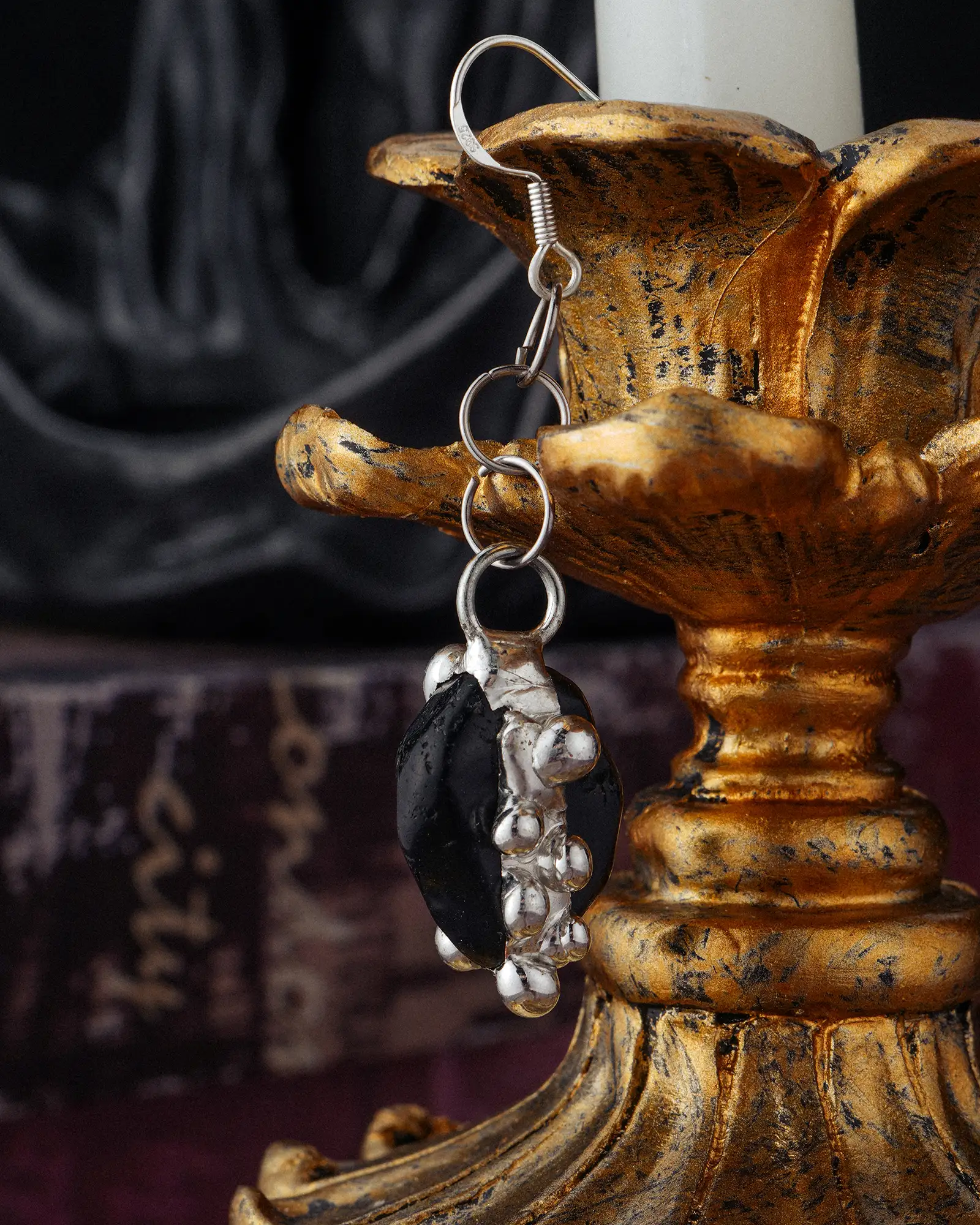 【One Earring Only】Midnight Drip, Spooky Beaded Obsidian Earring