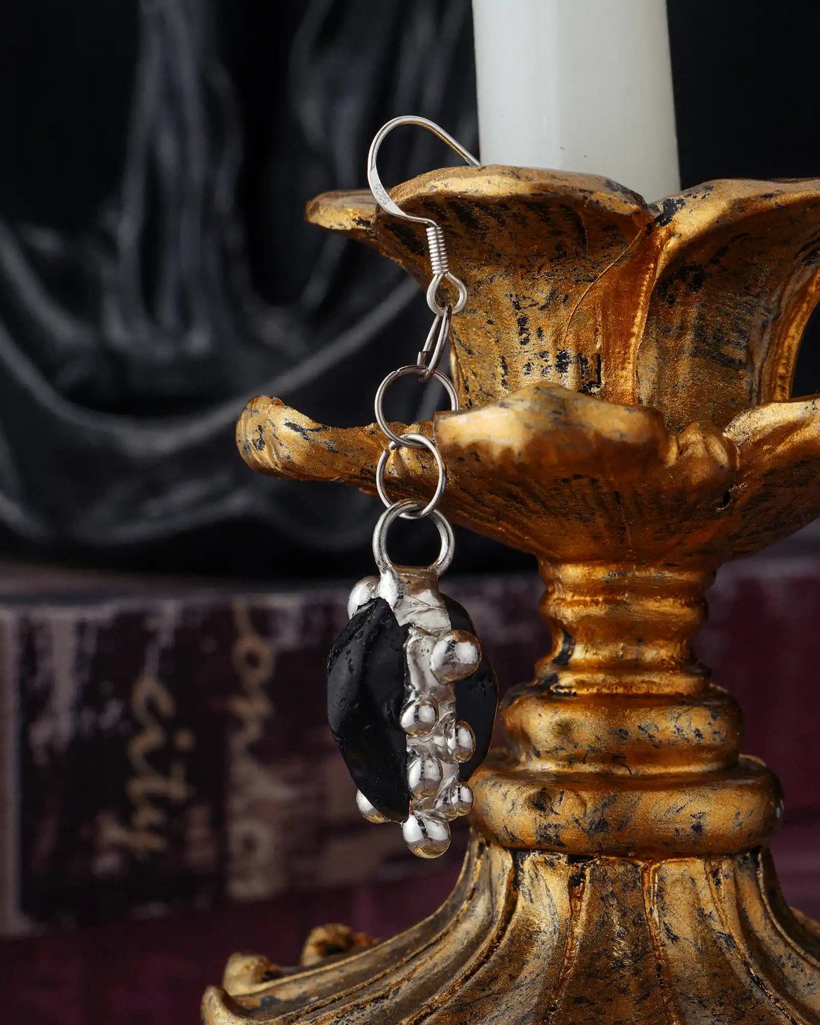 [One Earring Only] Midnight Drip, Spooky Beaded Obsidian Earring