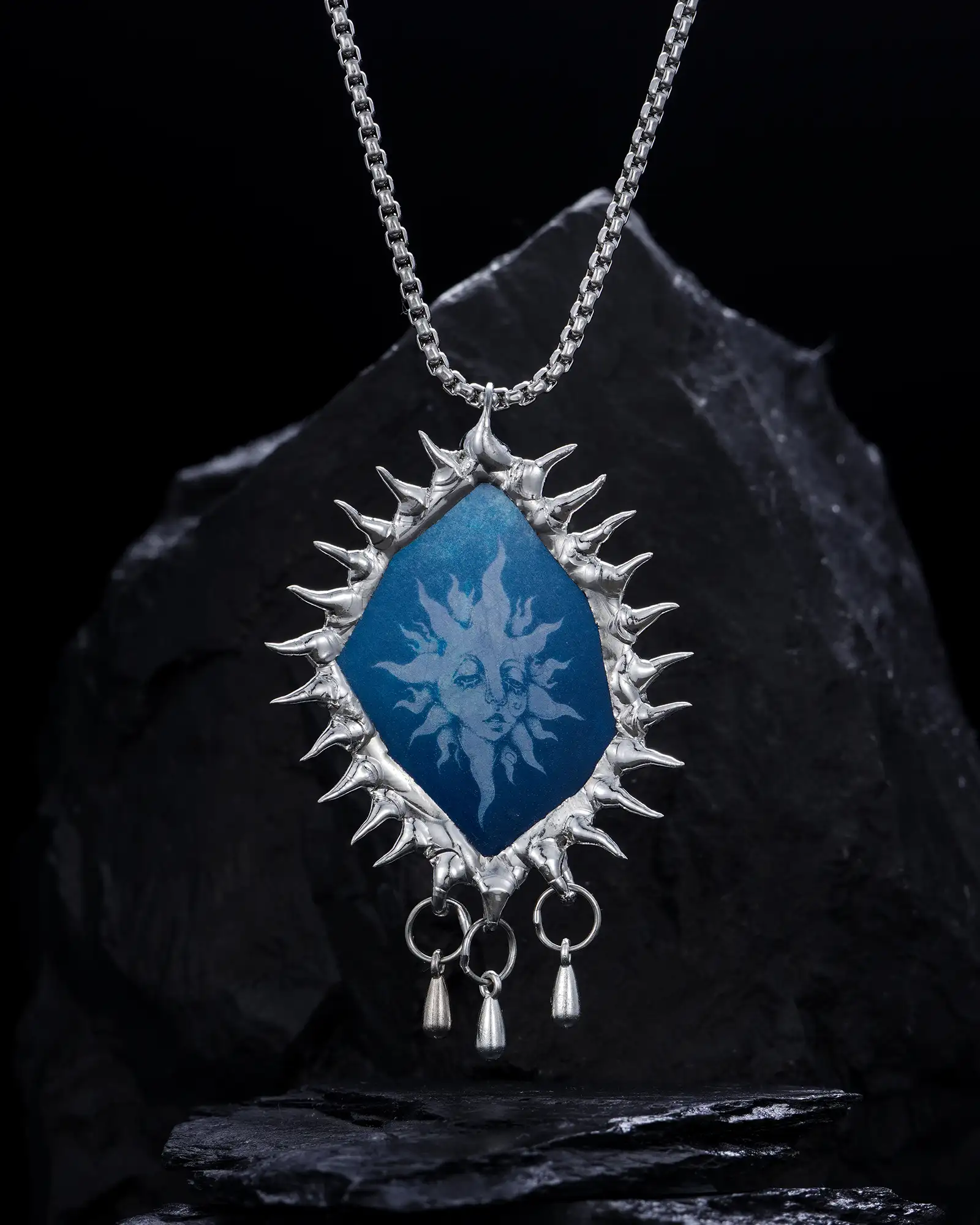Soleil Pleurant, Prussian Blue Sun Face Necklace