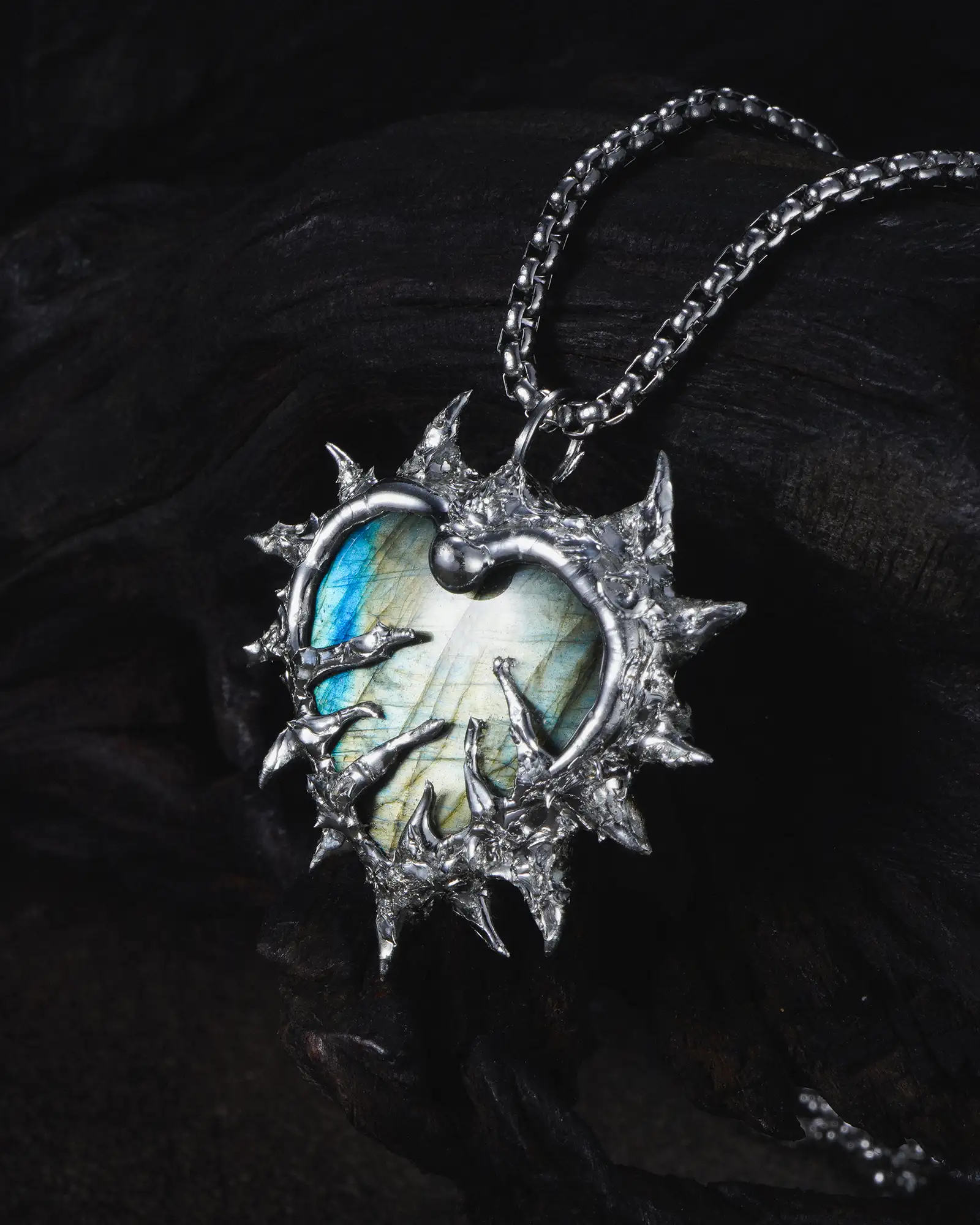 Barbed Aurora, Dark Gothic Labradorite Necklace - view 2