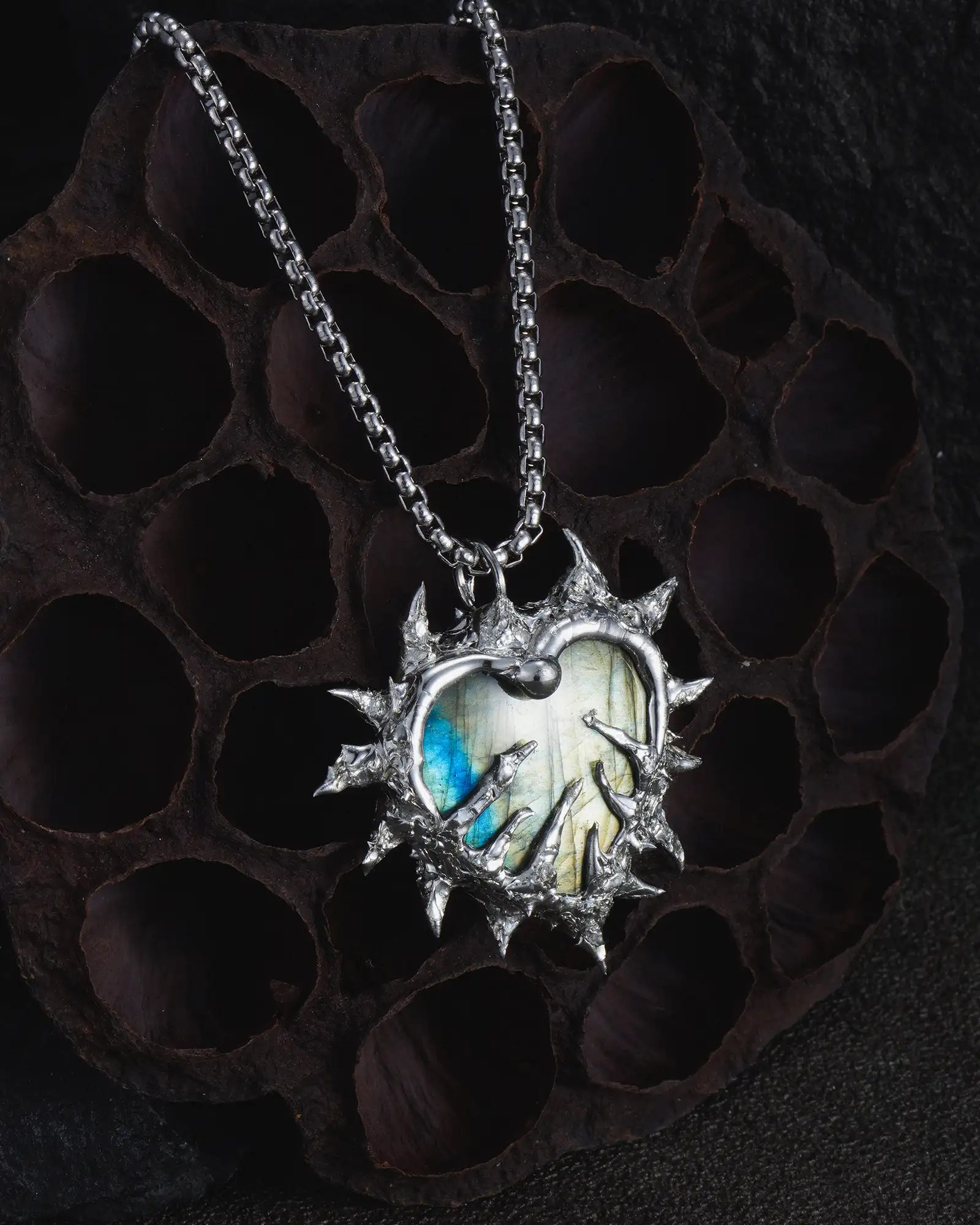 Barbed Aurora, Dark Gothic Labradorite Necklace - view 5